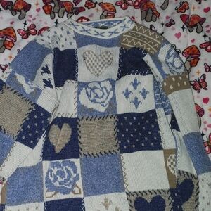 Cozy Patchwork Knit Sweater - Blue and Tan
